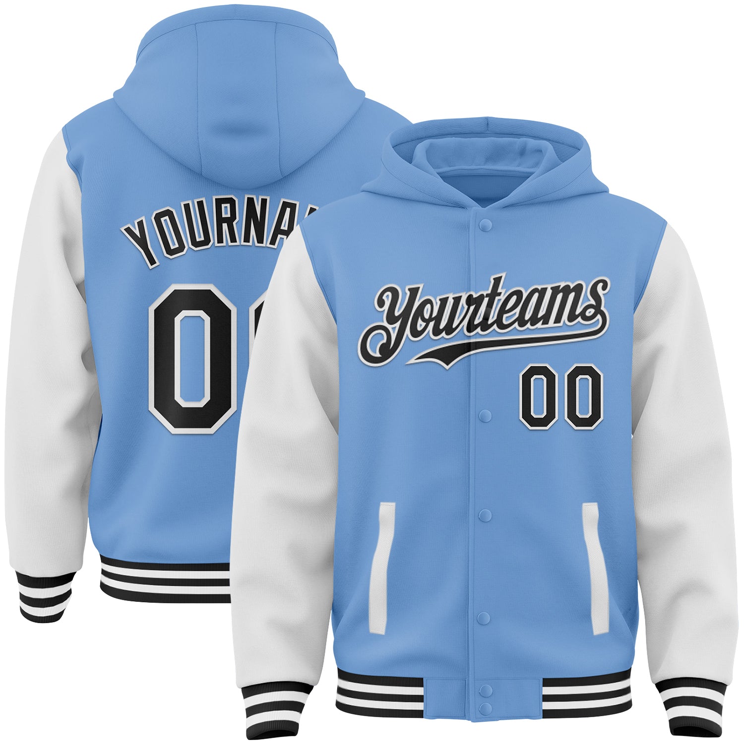 Custom Light Blue Black-White Bomber Full-Snap Varsity Letterman Two Tone Hoodie Jacket - Main View