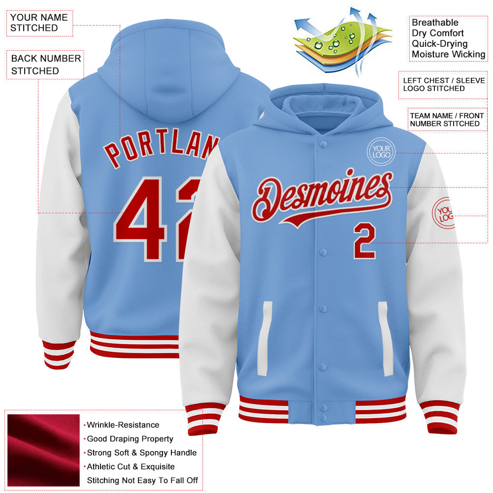 Custom Light Blue Red-White Bomber Full-Snap Varsity Letterman Two Tone Hoodie Jacket view 3