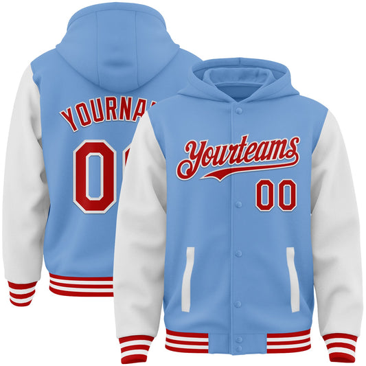 Custom Light Blue Red-White Bomber Full-Snap Varsity Letterman Two Tone Hoodie Jacket - Main View