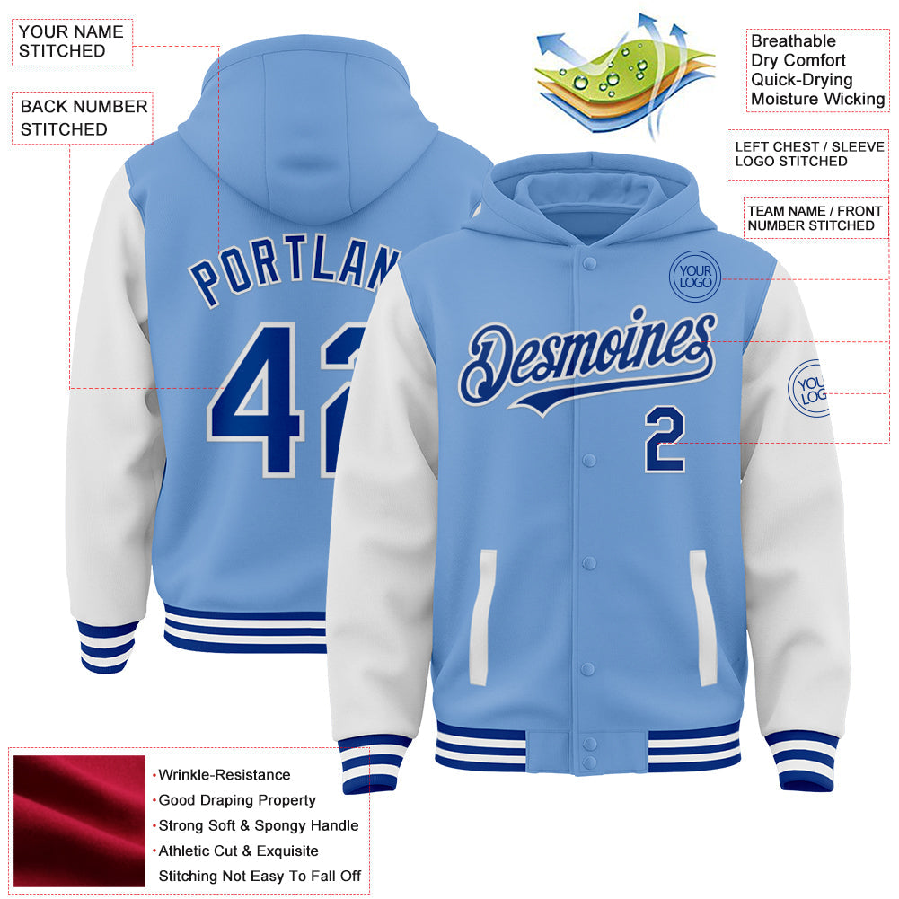Custom Light Blue Royal-White Bomber Full-Snap Varsity Letterman Two Tone Hoodie Jacket view 3