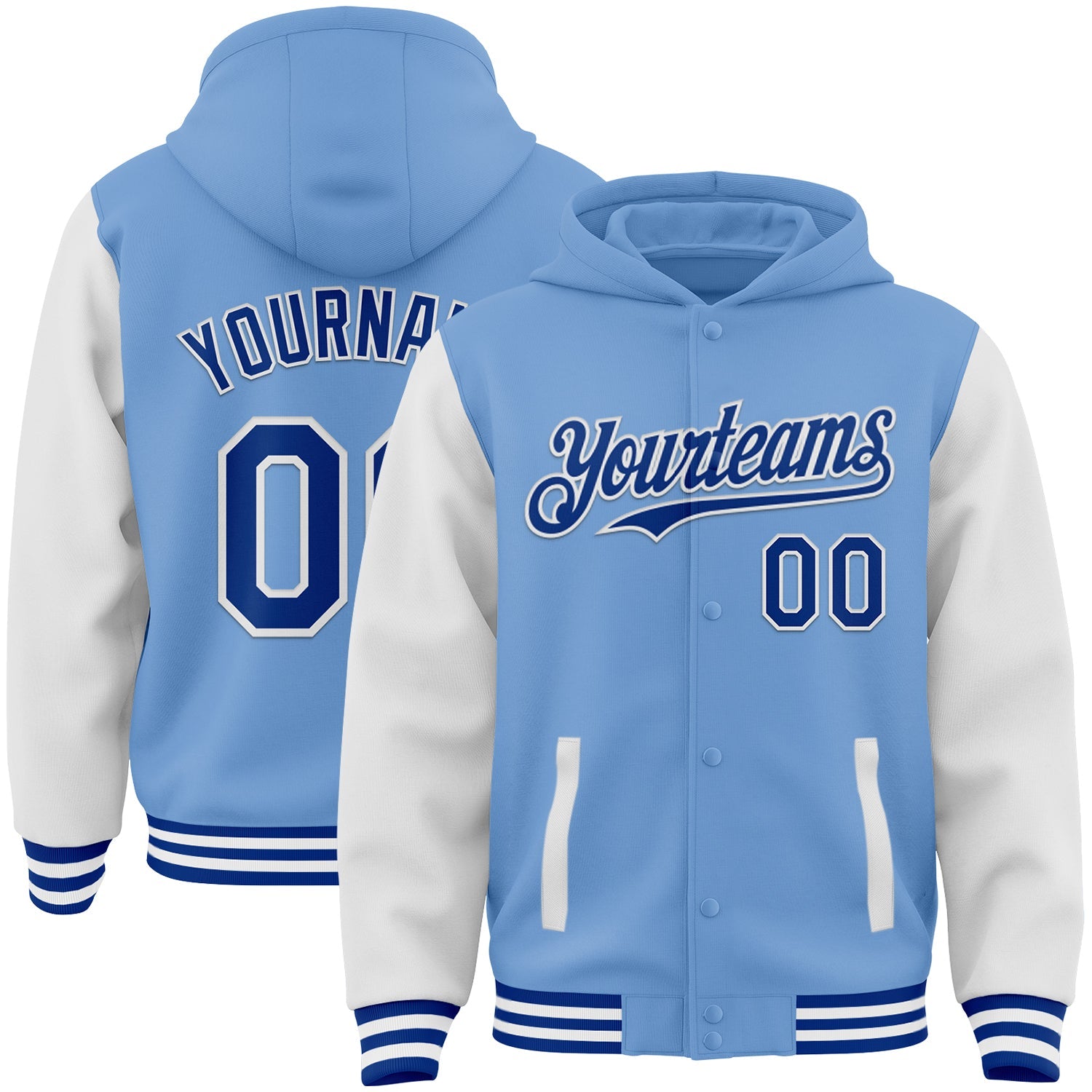 Custom Light Blue Royal-White Bomber Full-Snap Varsity Letterman Two Tone Hoodie Jacket - Main View