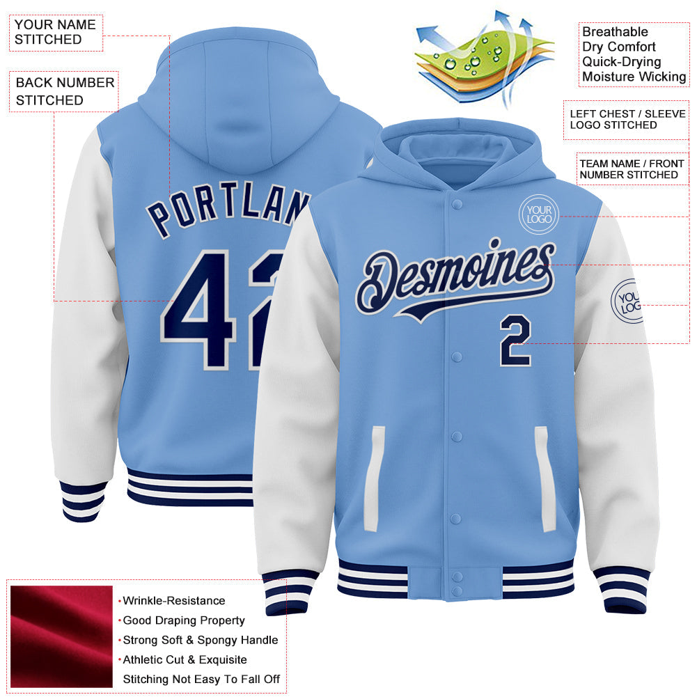 Custom Light Blue Navy-White Bomber Full-Snap Varsity Letterman Two Tone Hoodie Jacket view 3