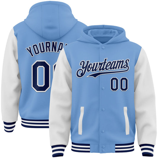 Custom Light Blue Navy-White Bomber Full-Snap Varsity Letterman Two Tone Hoodie Jacket - Main View