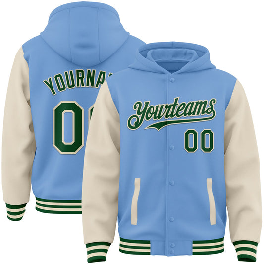 Custom Light Blue Green-Cream Bomber Full-Snap Varsity Letterman Two Tone Hoodie Jacket - Main View