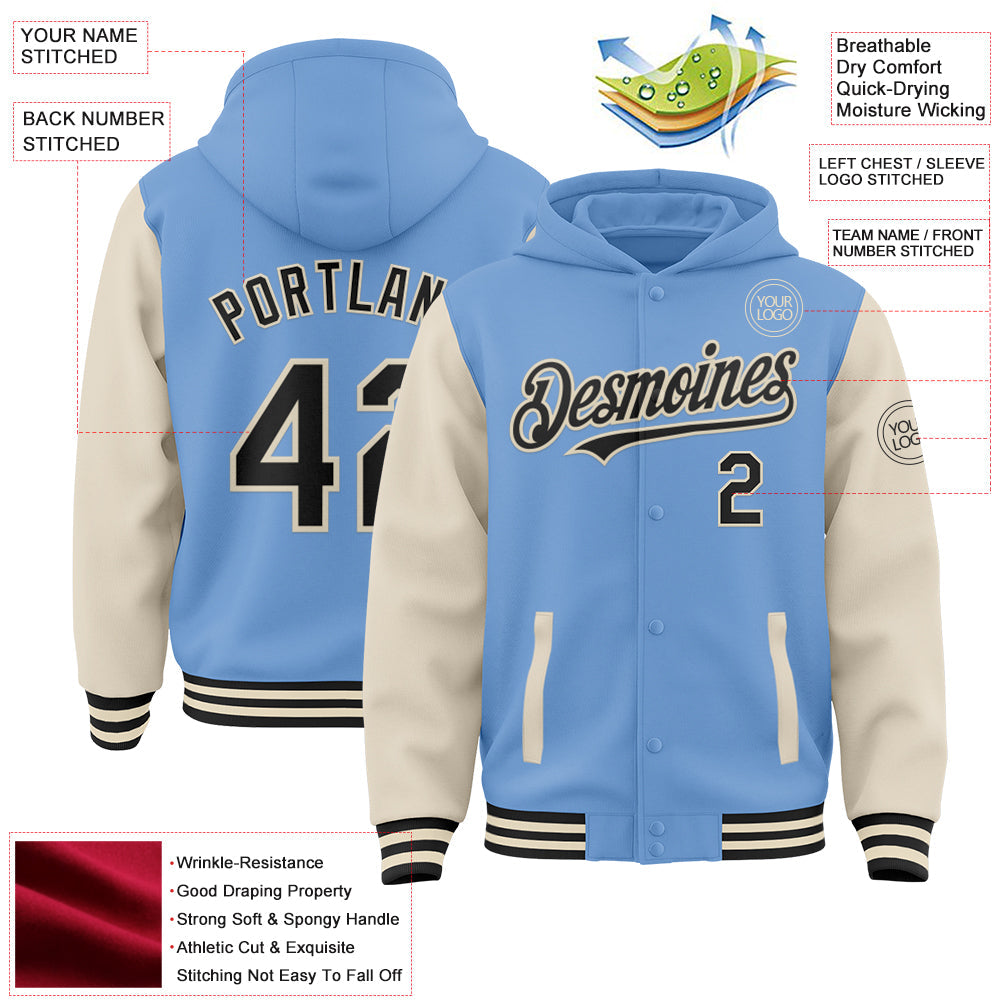Custom Light Blue Black-Cream Bomber Full-Snap Varsity Letterman Two Tone Hoodie Jacket view 3