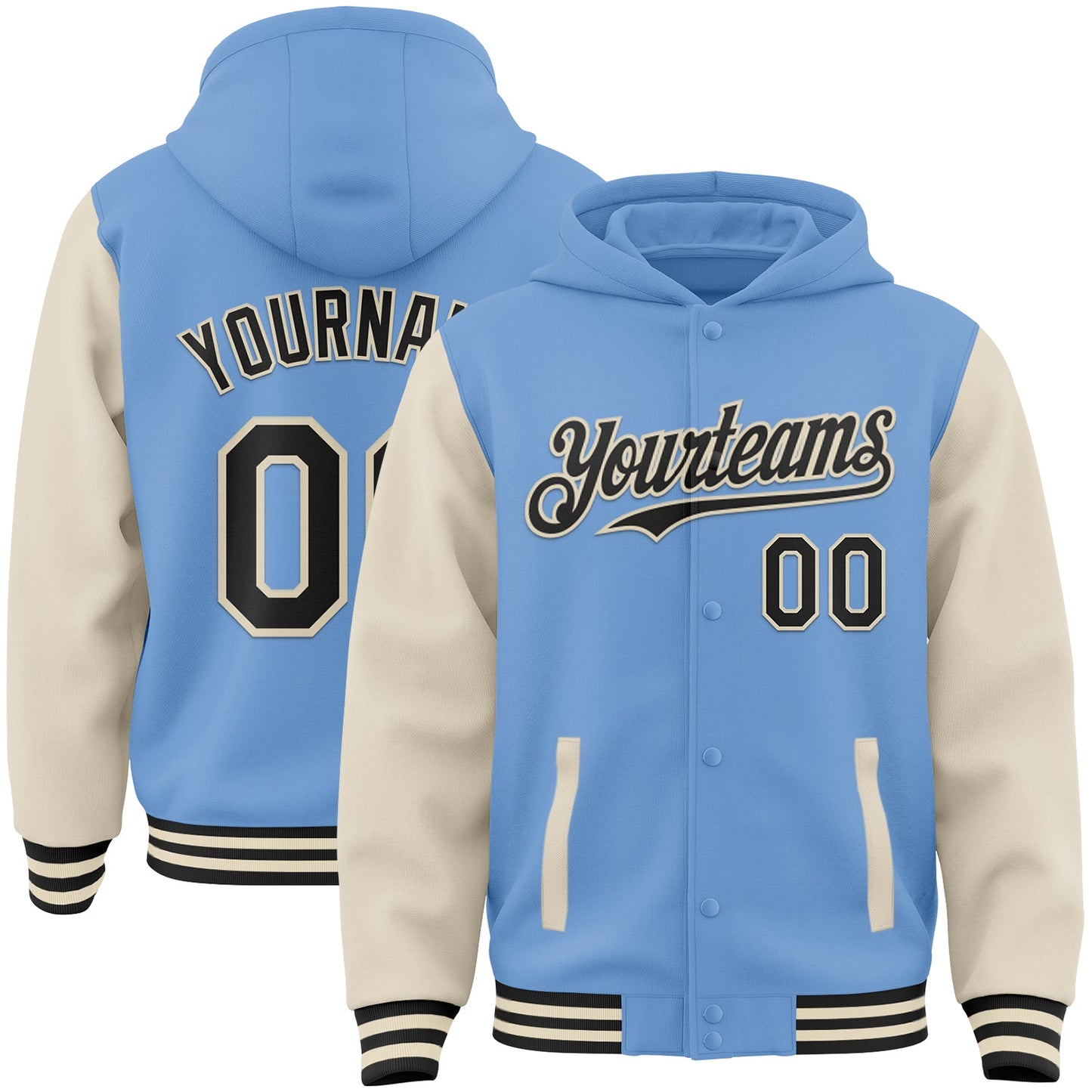 Custom Light Blue Black-Cream Bomber Full-Snap Varsity Letterman Two Tone Hoodie Jacket - Main View