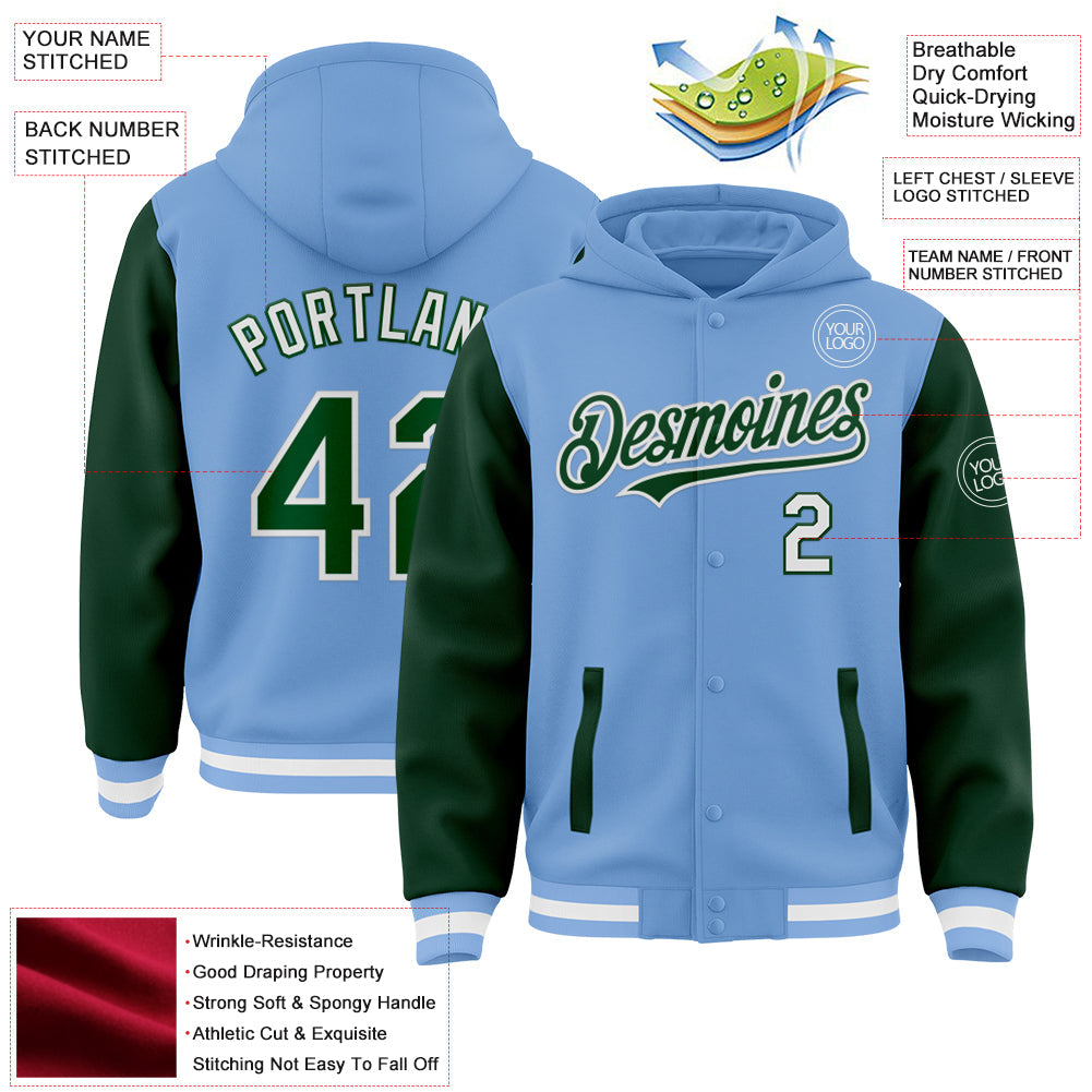 Custom Light Blue Green-White Bomber Full-Snap Varsity Letterman Two Tone Hoodie Jacket view 3