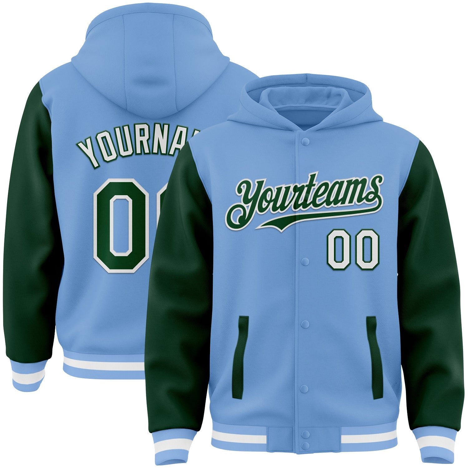 Custom Light Blue Green-White Bomber Full-Snap Varsity Letterman Two Tone Hoodie Jacket - Main View