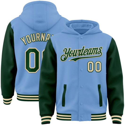Custom Light Blue Green-Cream Bomber Full-Snap Varsity Letterman Two Tone Hoodie Jacket - Main View