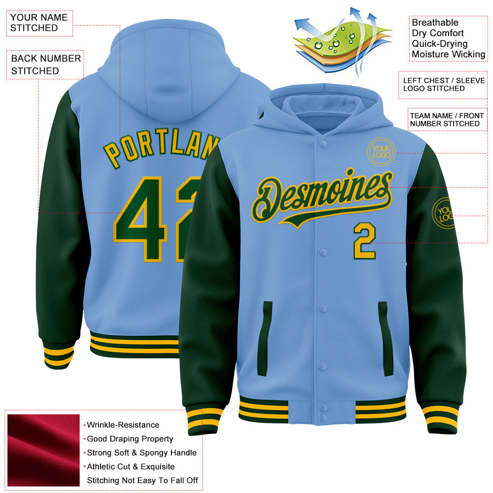 Custom Light Blue Green-Gold Bomber Full-Snap Varsity Letterman Two Tone Hoodie Jacket view 3
