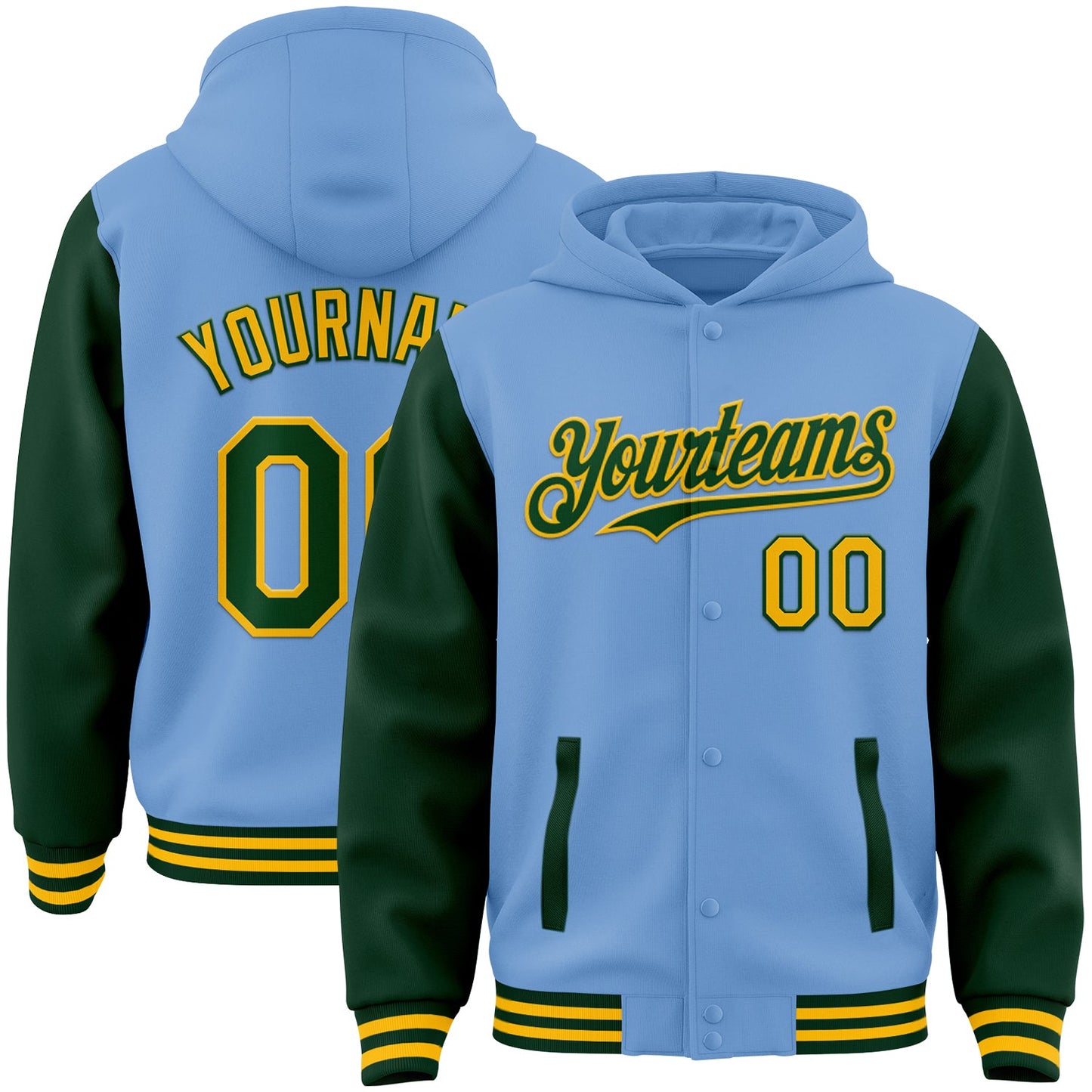 Custom Light Blue Green-Gold Bomber Full-Snap Varsity Letterman Two Tone Hoodie Jacket - Main View