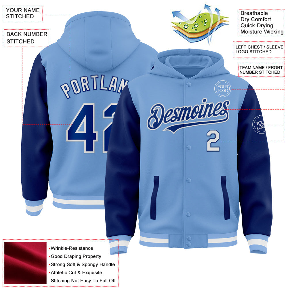 Custom Light Blue Royal-White Bomber Full-Snap Varsity Letterman Two Tone Hoodie Jacket view 3