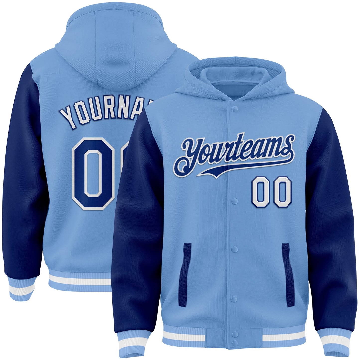 Custom Light Blue Royal-White Bomber Full-Snap Varsity Letterman Two Tone Hoodie Jacket - Main View