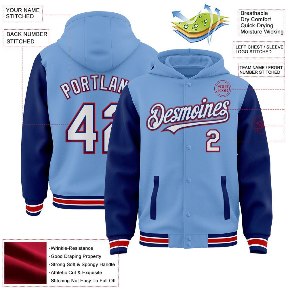 Custom Light Blue Royal-Red Bomber Full-Snap Varsity Letterman Two Tone Hoodie Jacket view 3