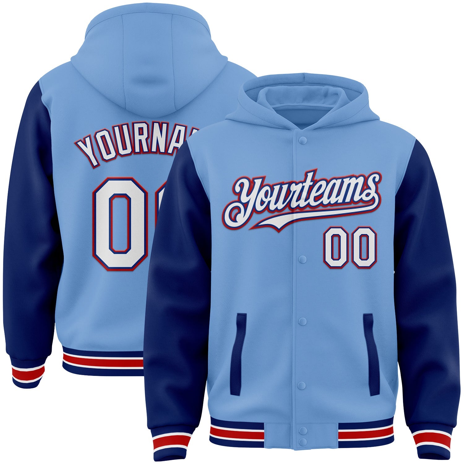 Custom Light Blue Royal-Red Bomber Full-Snap Varsity Letterman Two Tone Hoodie Jacket - Main View