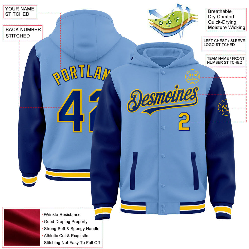 Custom Light Blue Royal-Yellow Bomber Full-Snap Varsity Letterman Two Tone Hoodie Jacket view 3