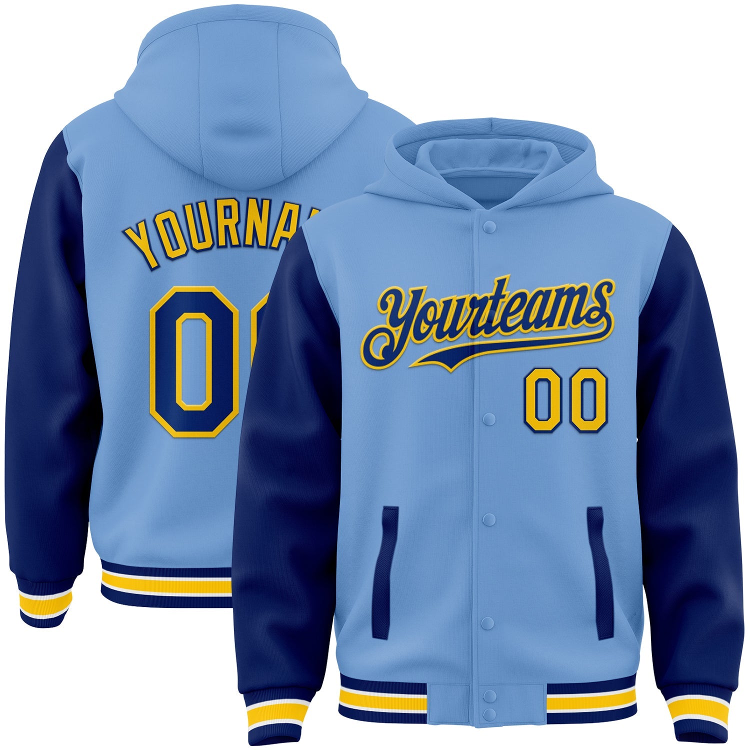 Custom Light Blue Royal-Yellow Bomber Full-Snap Varsity Letterman Two Tone Hoodie Jacket - Main View