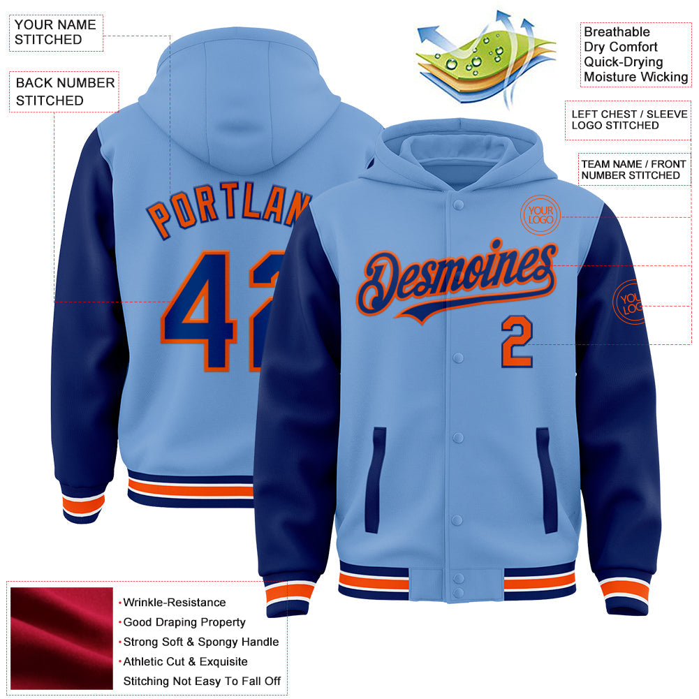 Custom Light Blue Royal-Orange Bomber Full-Snap Varsity Letterman Two Tone Hoodie Jacket view 3