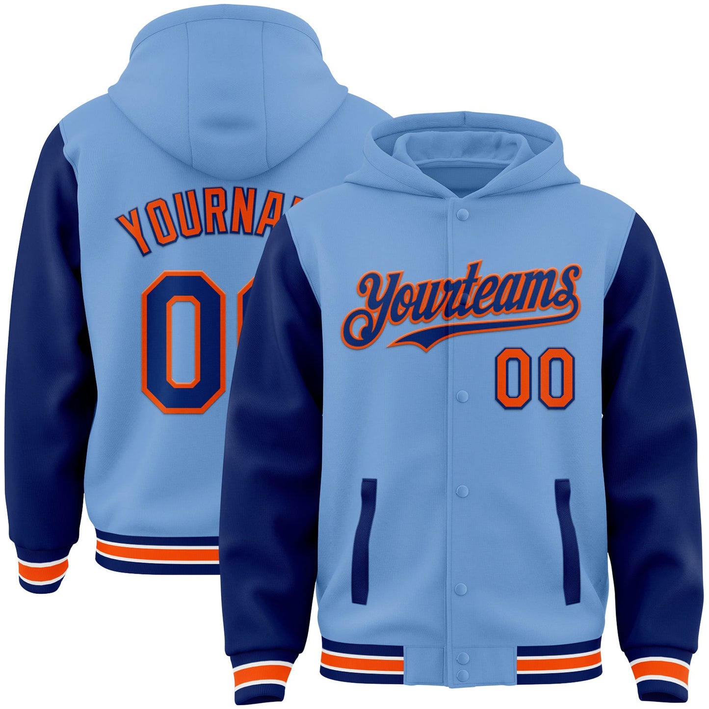 Custom Light Blue Royal-Orange Bomber Full-Snap Varsity Letterman Two Tone Hoodie Jacket - Main View