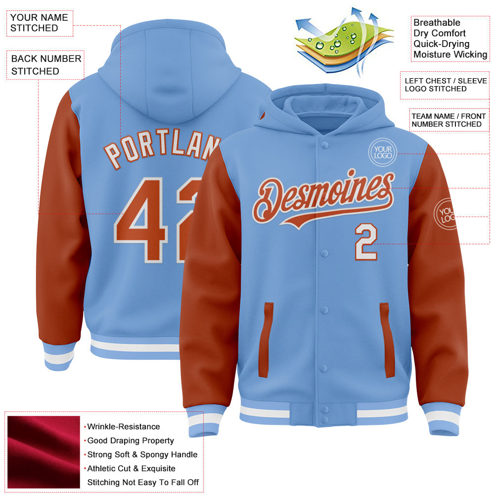 Custom Light Blue Texas Orange-White Bomber Full-Snap Varsity Letterman Two Tone Hoodie Jacket view 3