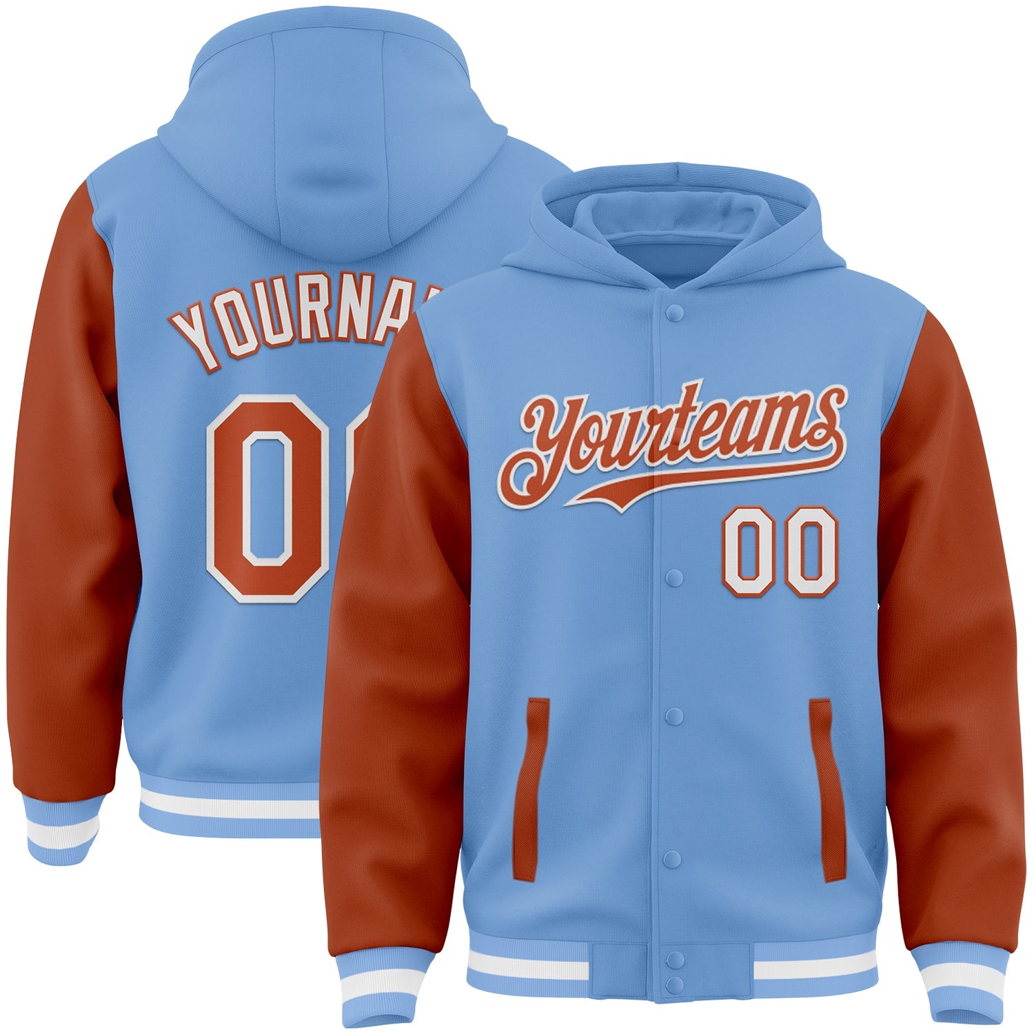 Custom Light Blue Texas Orange-White Bomber Full-Snap Varsity Letterman Two Tone Hoodie Jacket - Main View