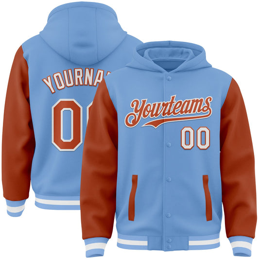 Custom Light Blue Texas Orange-White Bomber Full-Snap Varsity Letterman Two Tone Hoodie Jacket - Main View