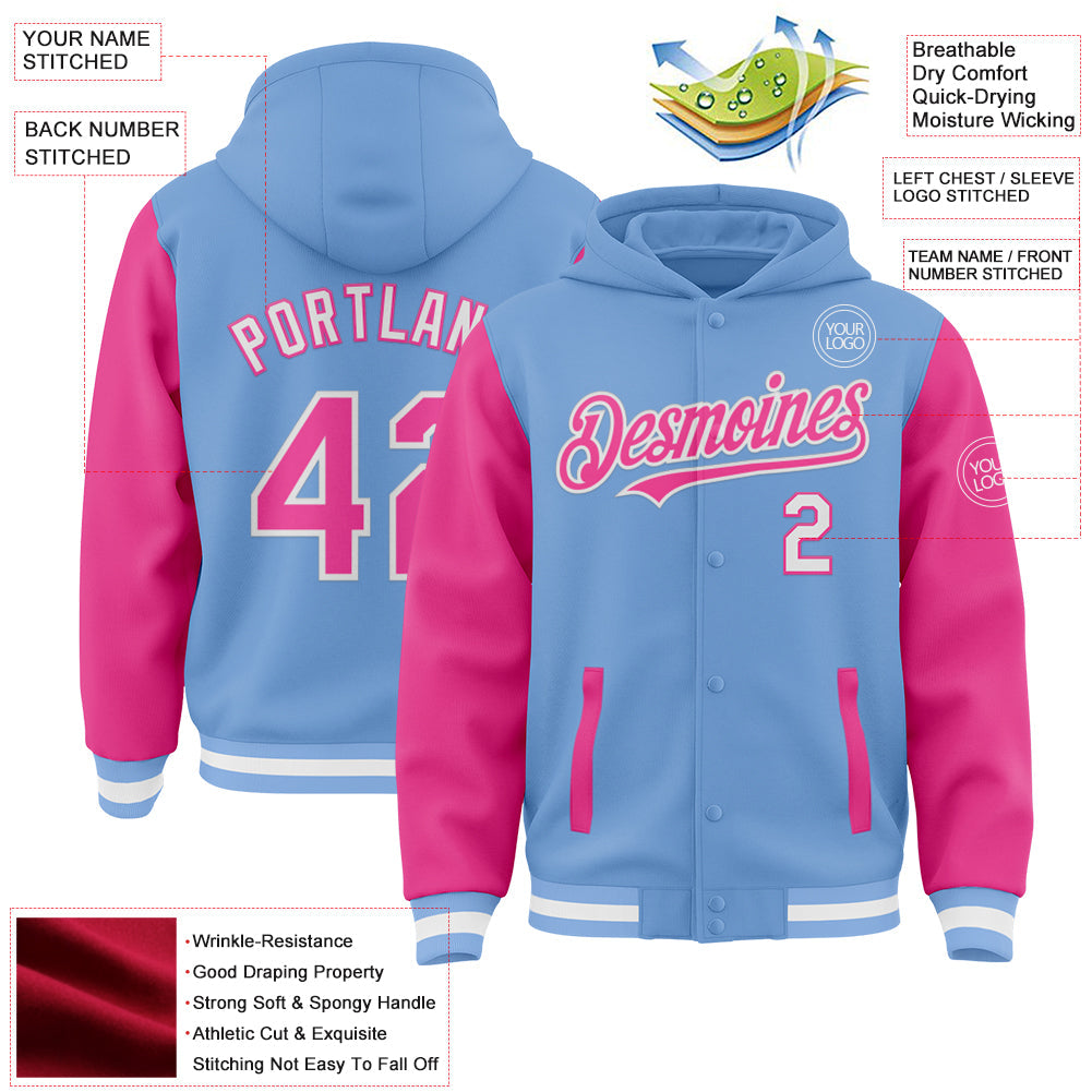 Custom Light Blue Pink-White Bomber Full-Snap Varsity Letterman Two Tone Hoodie Jacket view 3