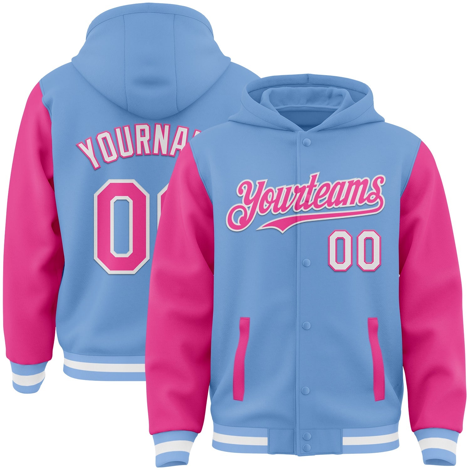 Custom Light Blue Pink-White Bomber Full-Snap Varsity Letterman Two Tone Hoodie Jacket - Main View