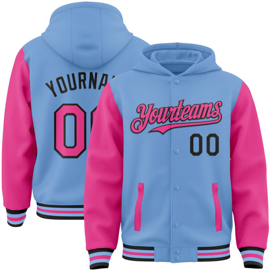 Custom Light Blue Pink-Black Bomber Full-Snap Varsity Letterman Two Tone Hoodie Jacket - Main View