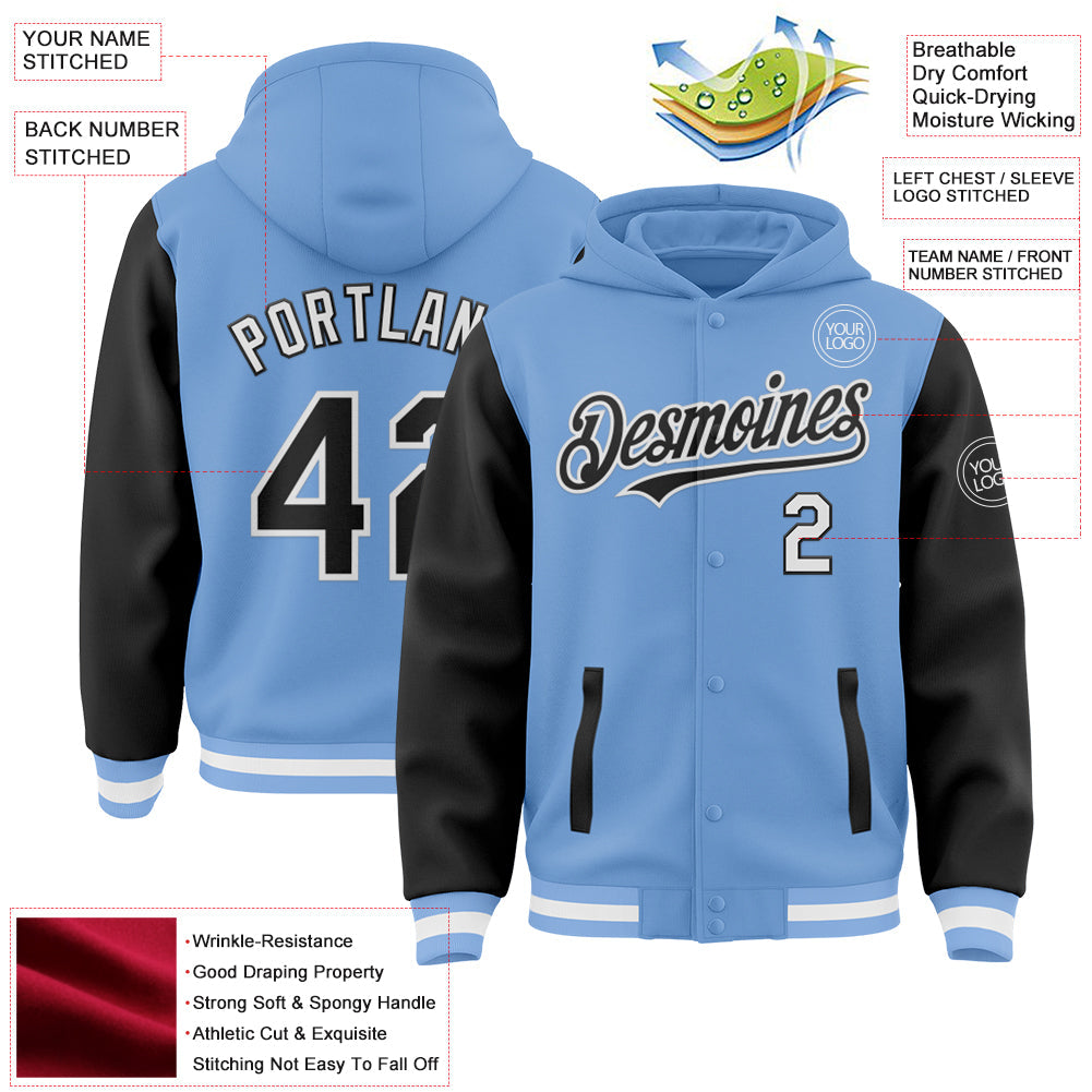 Custom Light Blue Black-White Bomber Full-Snap Varsity Letterman Two Tone Hoodie Jacket view 3