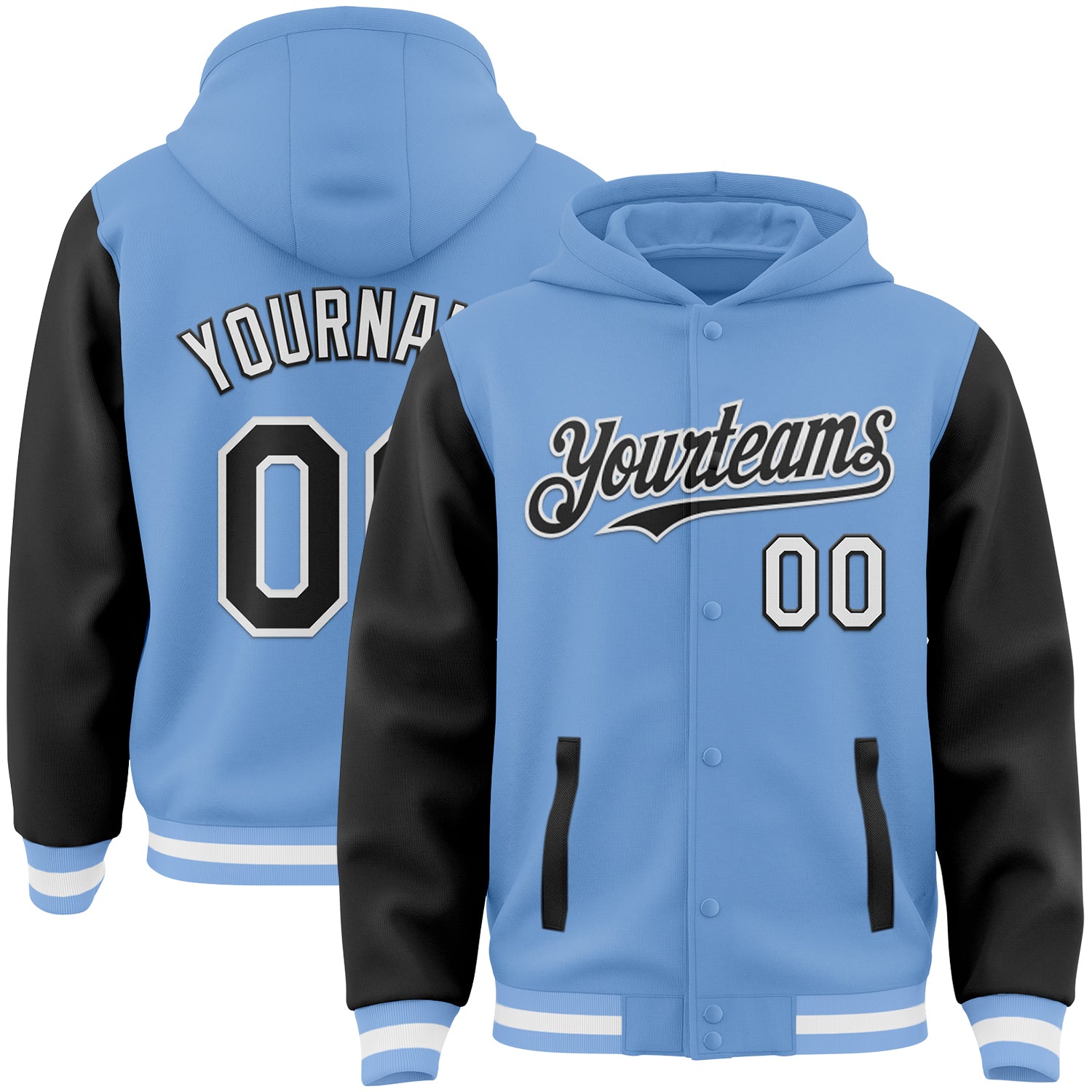 Custom Light Blue Black-White Bomber Full-Snap Varsity Letterman Two Tone Hoodie Jacket - Main View