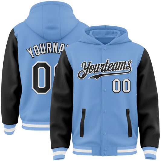Custom Light Blue Black-White Bomber Full-Snap Varsity Letterman Two Tone Hoodie Jacket - Main View