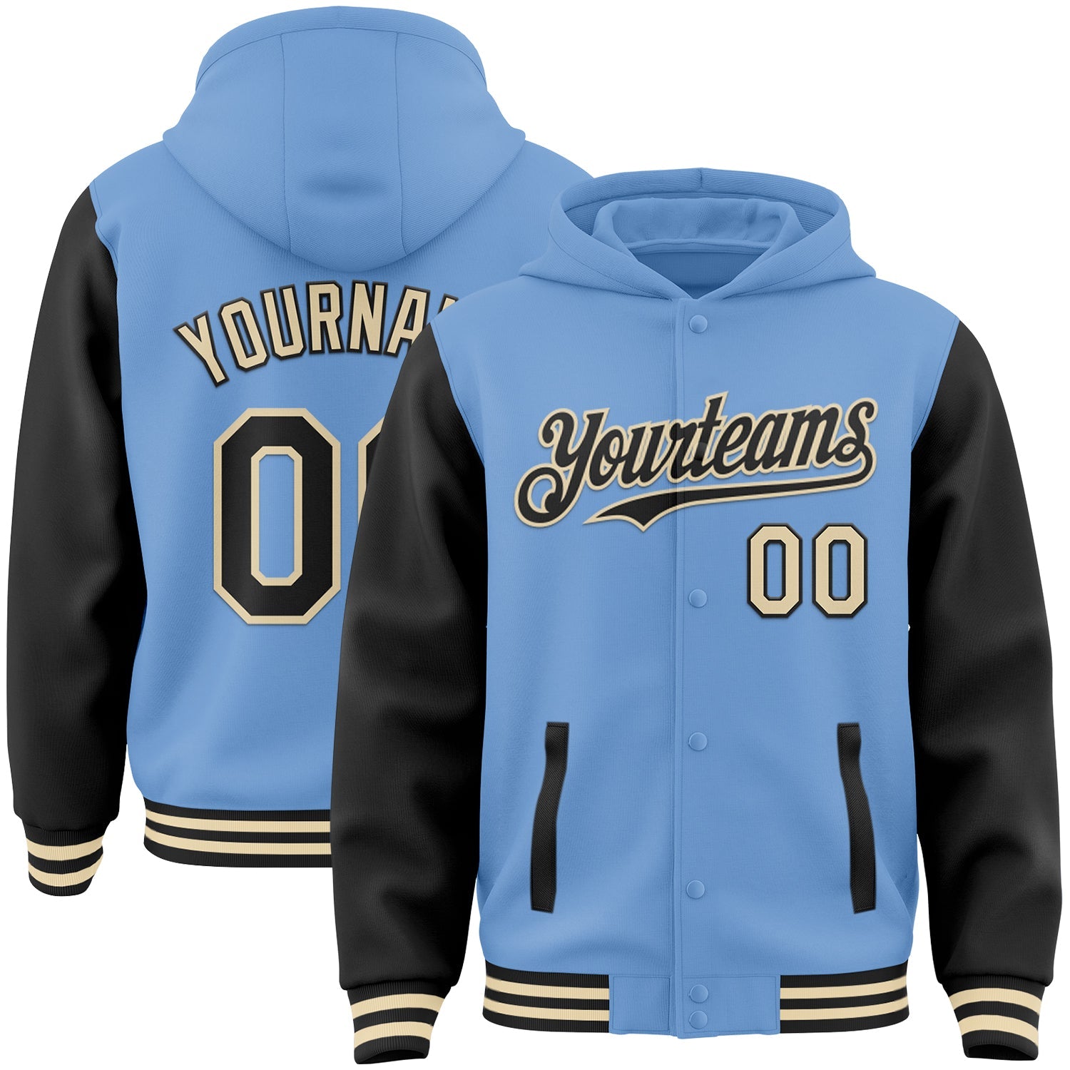 Custom Light Blue Black-Cream Bomber Full-Snap Varsity Letterman Two Tone Hoodie Jacket - Main View