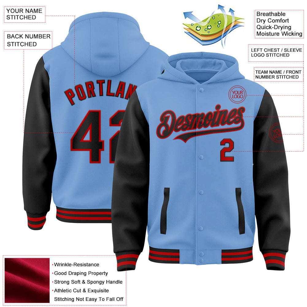 Custom Light Blue Black-Red Bomber Full-Snap Varsity Letterman Two Tone Hoodie Jacket view 3