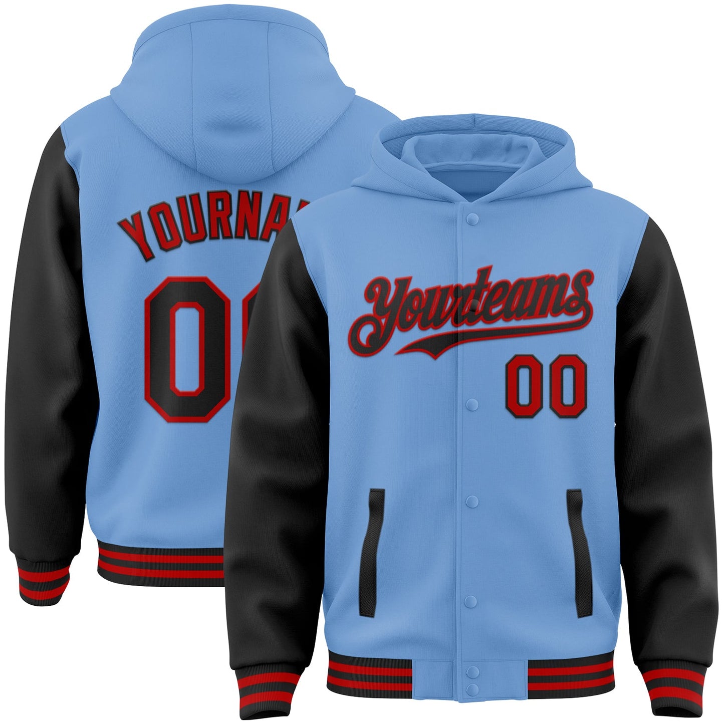 Custom Light Blue Black-Red Bomber Full-Snap Varsity Letterman Two Tone Hoodie Jacket - Main View