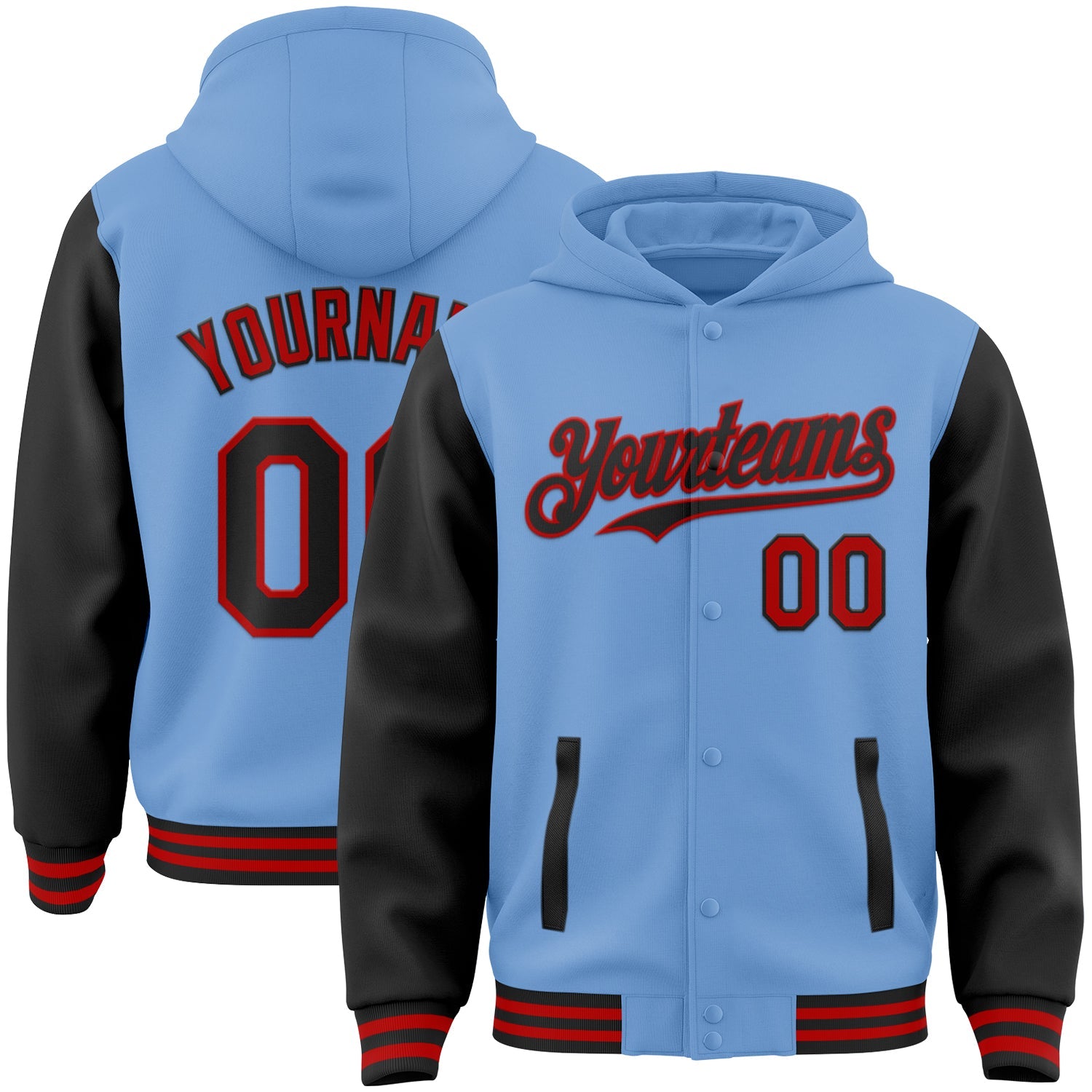 Custom Light Blue Black-Red Bomber Full-Snap Varsity Letterman Two Tone Hoodie Jacket - Main View
