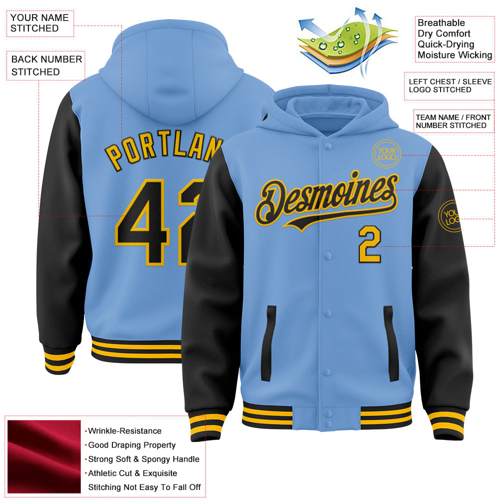 Custom Light Blue Black-Gold Bomber Full-Snap Varsity Letterman Two Tone Hoodie Jacket view 3