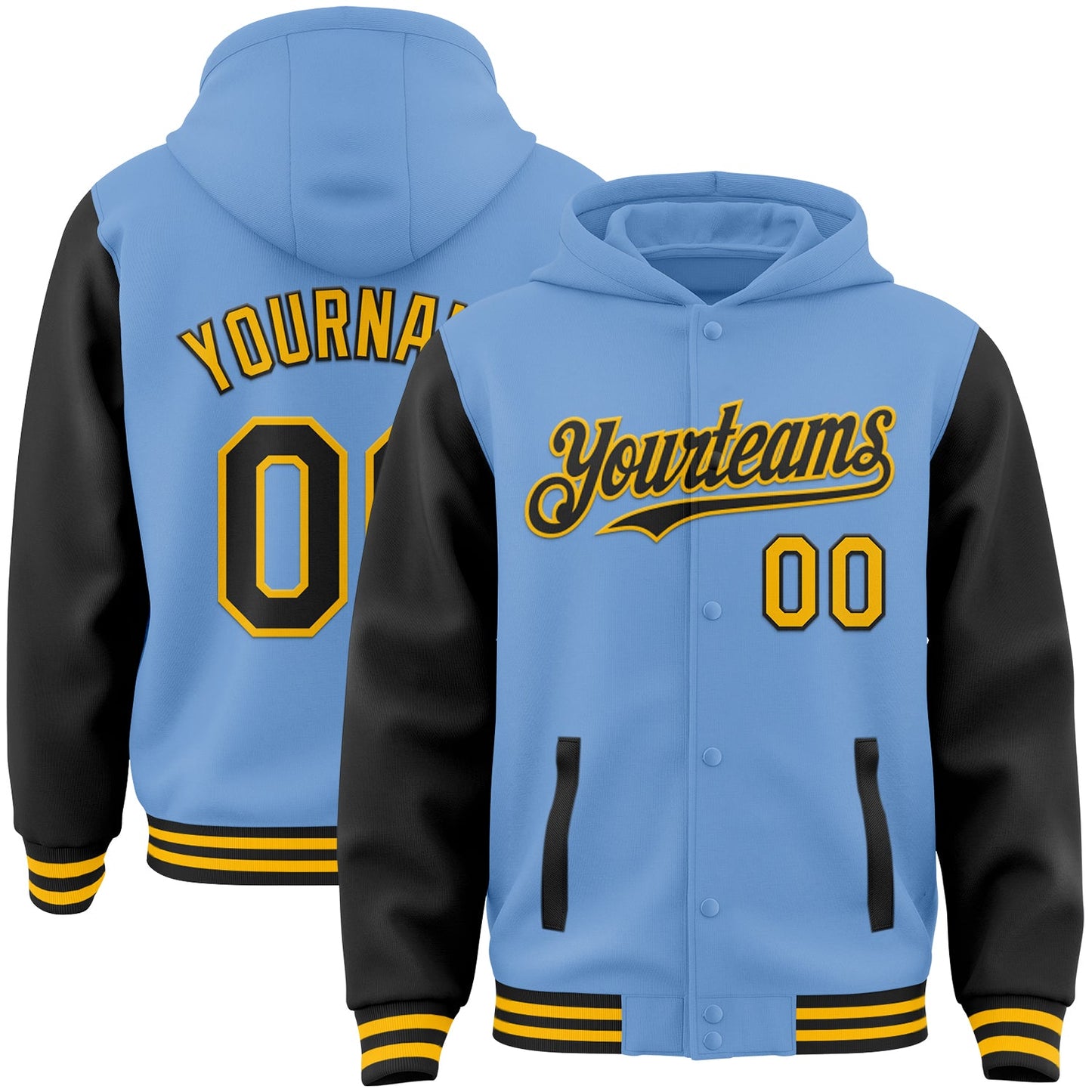 Custom Light Blue Black-Gold Bomber Full-Snap Varsity Letterman Two Tone Hoodie Jacket - Main View