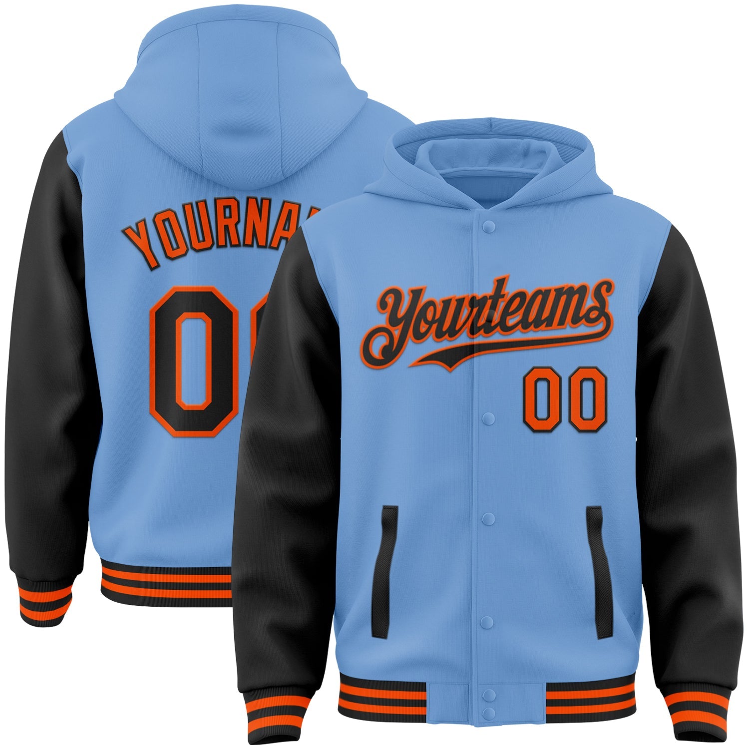 Custom Light Blue Black-Orange Bomber Full-Snap Varsity Letterman Two Tone Hoodie Jacket - Main View