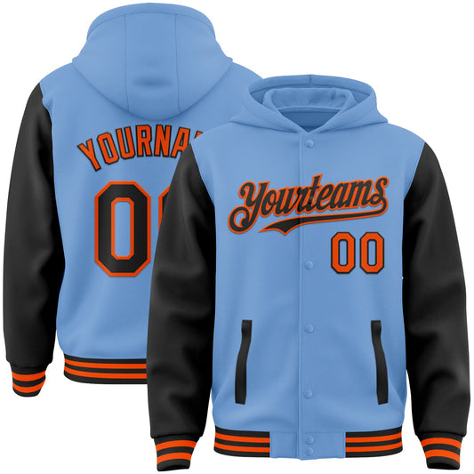 Custom Light Blue Black-Orange Bomber Full-Snap Varsity Letterman Two Tone Hoodie Jacket - Main View