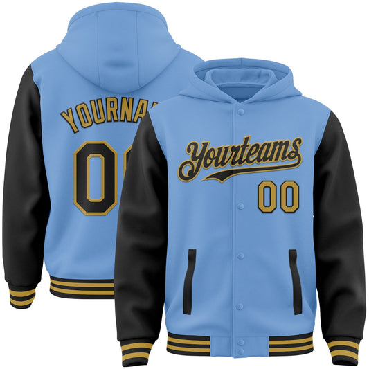 Custom Light Blue Black-Old Gold Bomber Full-Snap Varsity Letterman Two Tone Hoodie Jacket - Main View