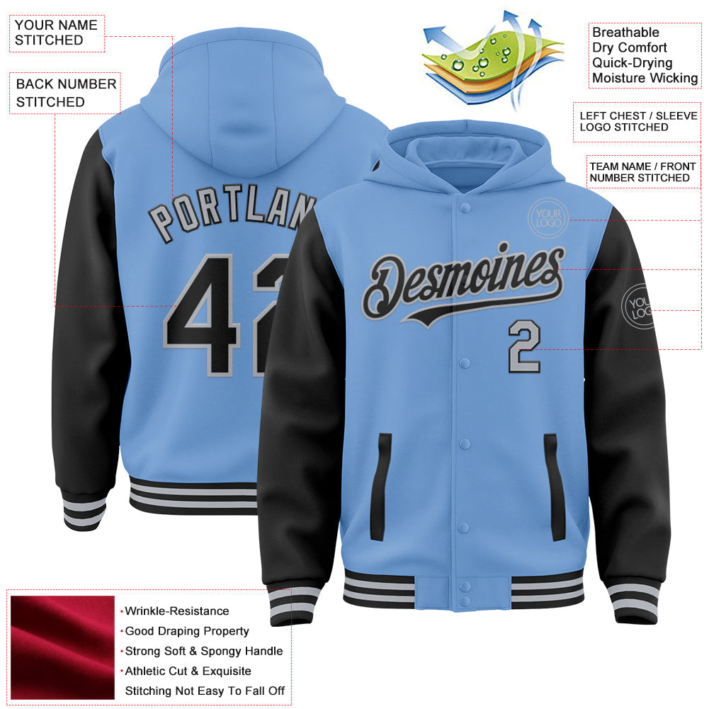 Custom Light Blue Black-Gray Bomber Full-Snap Varsity Letterman Two Tone Hoodie Jacket view 3