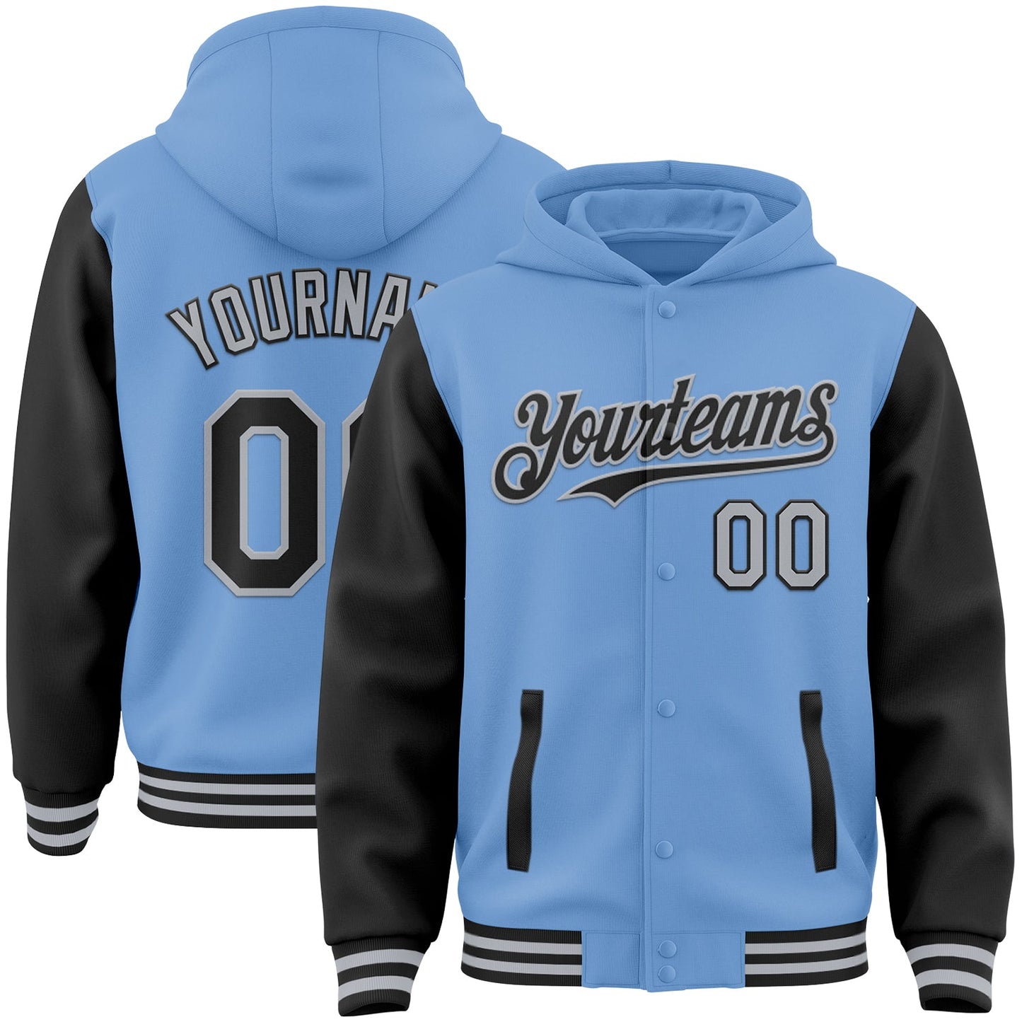 Custom Light Blue Black-Gray Bomber Full-Snap Varsity Letterman Two Tone Hoodie Jacket - Main View