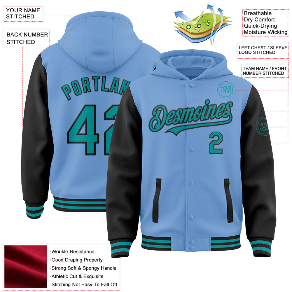 Custom Light Blue Teal-Black Bomber Full-Snap Varsity Letterman Two Tone Hoodie Jacket view 3