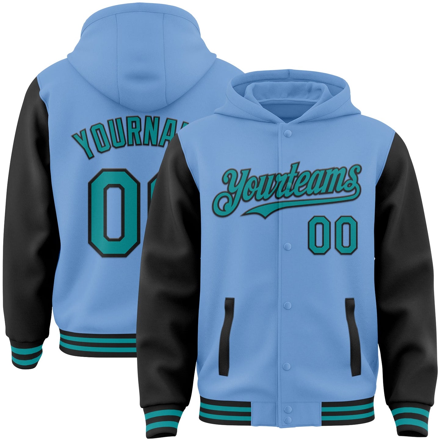 Custom Light Blue Teal-Black Bomber Full-Snap Varsity Letterman Two Tone Hoodie Jacket - Main View
