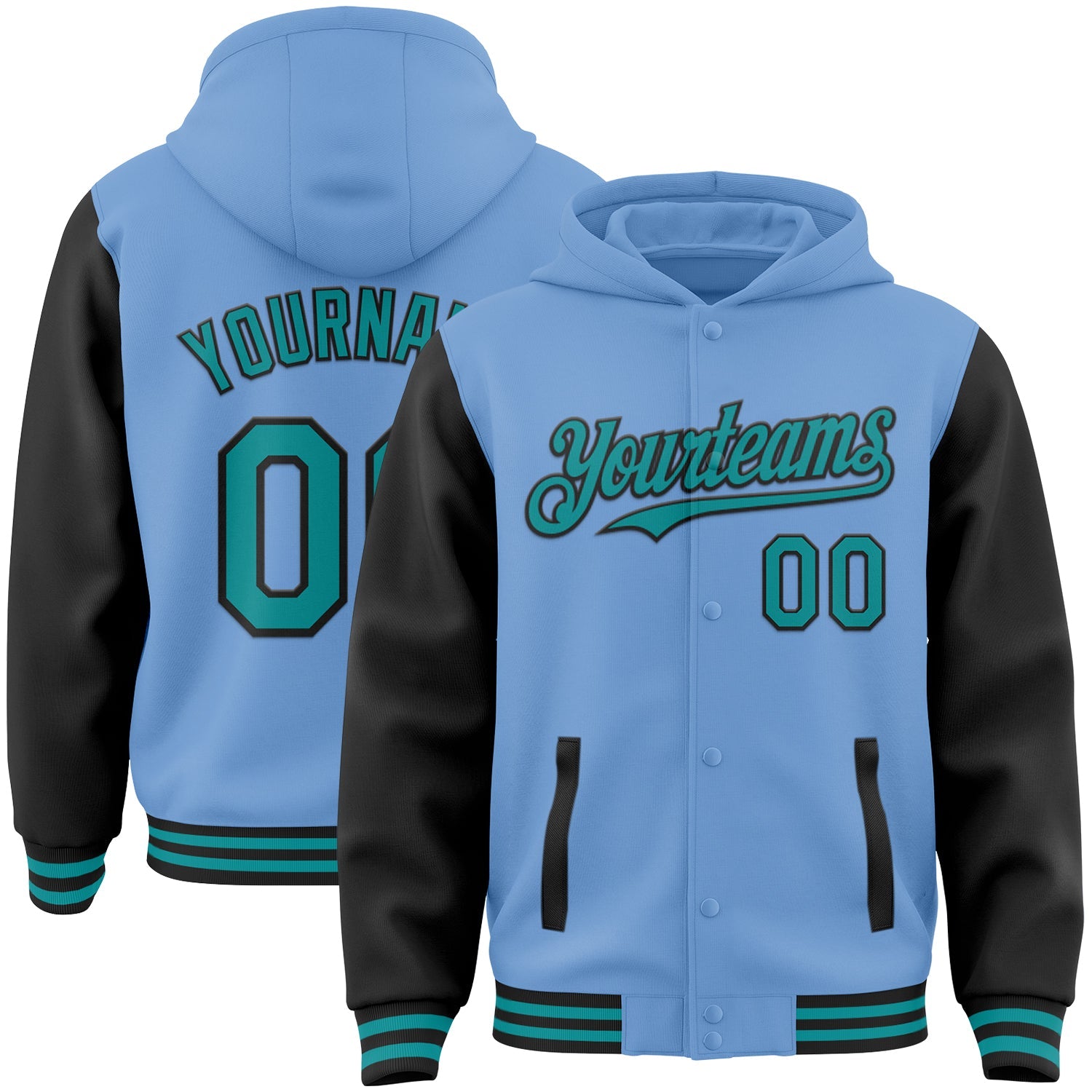 Custom Light Blue Teal-Black Bomber Full-Snap Varsity Letterman Two Tone Hoodie Jacket - Main View