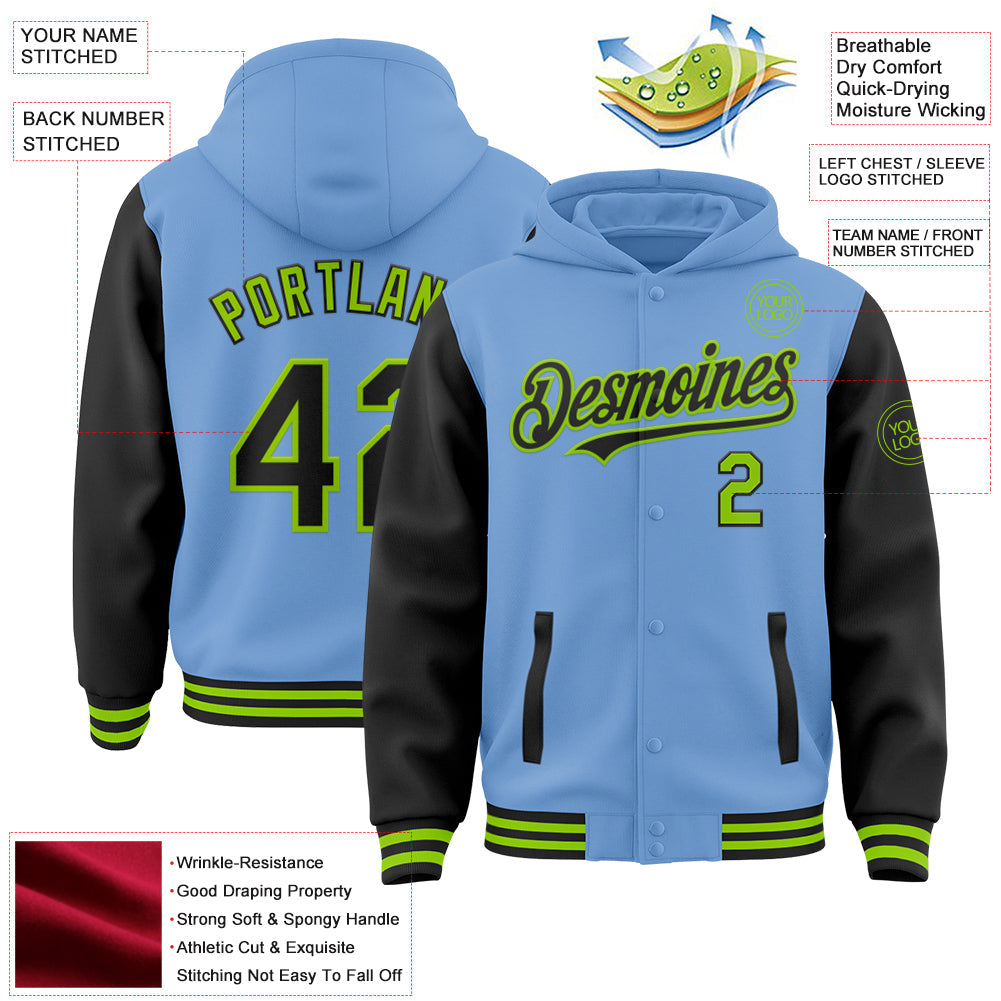 Custom Light Blue Black-Neon Green Bomber Full-Snap Varsity Letterman Two Tone Hoodie Jacket view 3