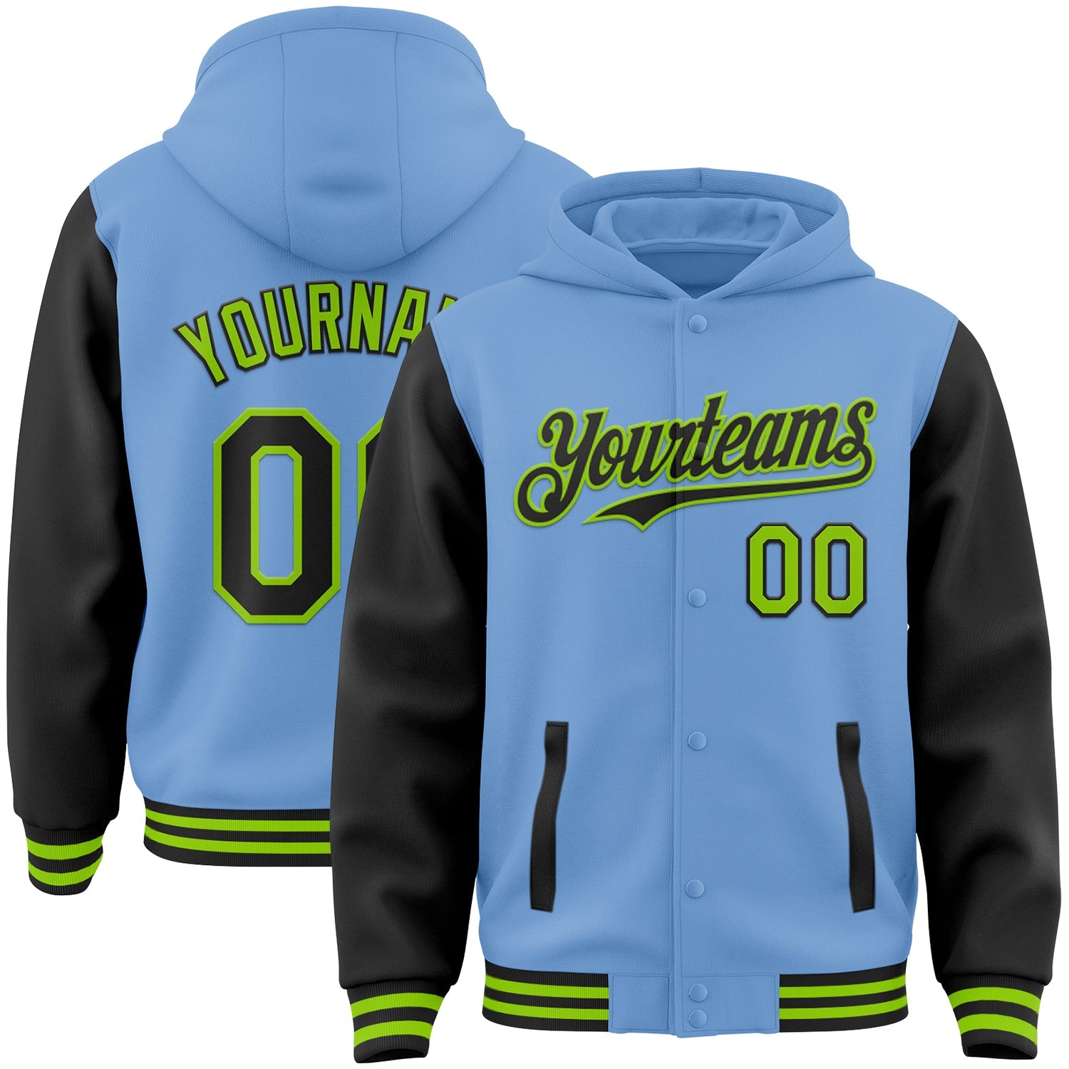Custom Light Blue Black-Neon Green Bomber Full-Snap Varsity Letterman Two Tone Hoodie Jacket - Main View