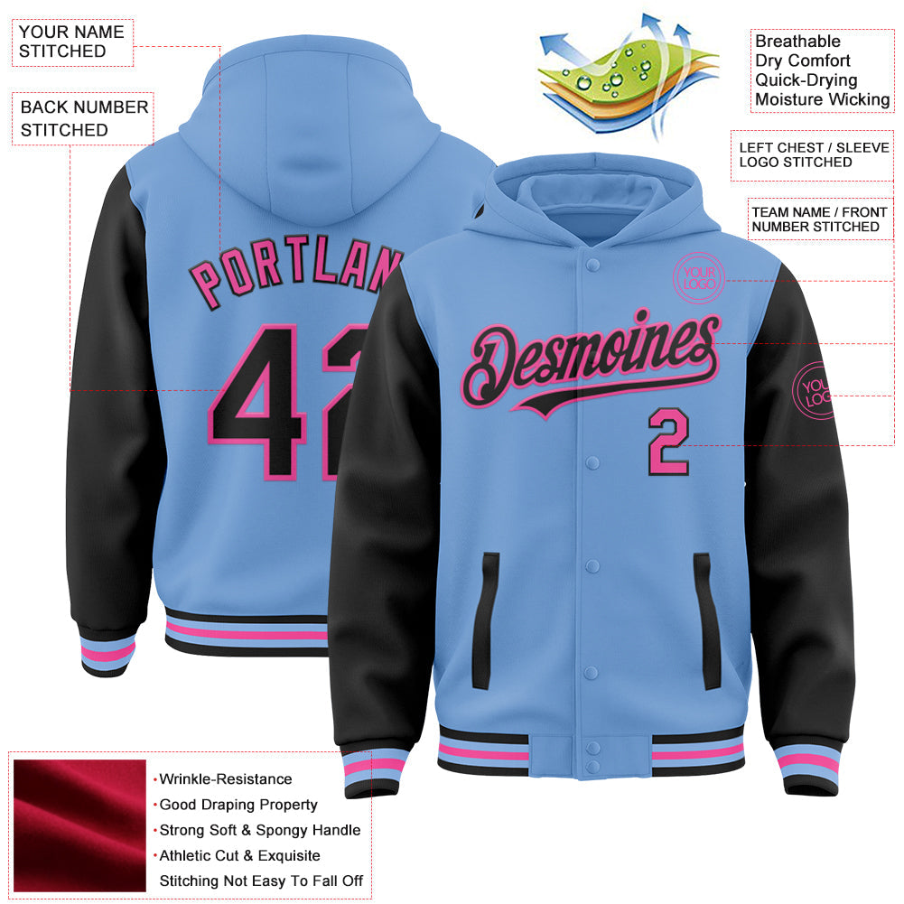 Custom Light Blue Black-Pink Bomber Full-Snap Varsity Letterman Two Tone Hoodie Jacket view 3