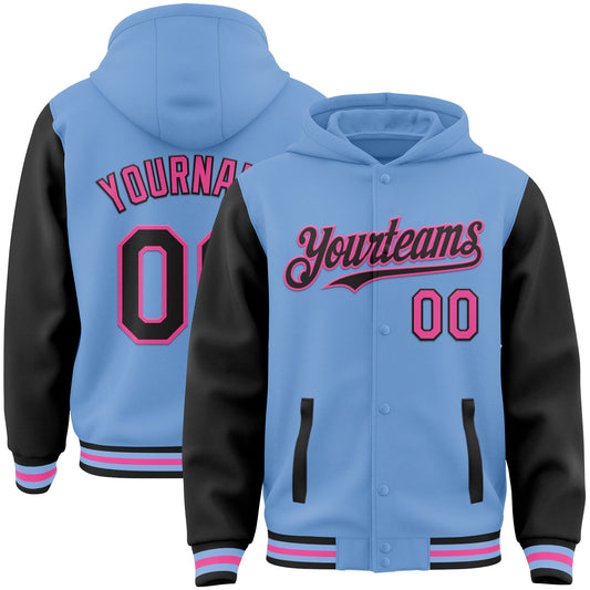 Custom Light Blue Black-Pink Bomber Full-Snap Varsity Letterman Two Tone Hoodie Jacket - Main View
